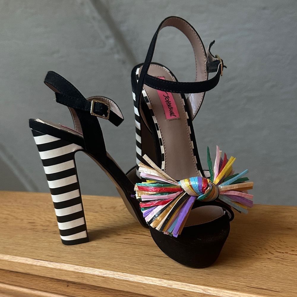 Betsey Johnson Black and Multicolor Striped Heels